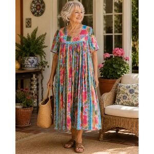 Sita Nepal Cotton Maxi Dress Small Multi Color Abstract Geometric Boho Crinkle